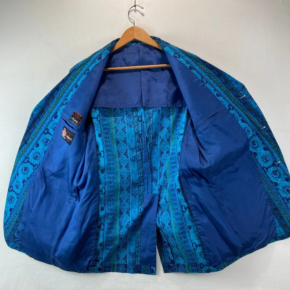 VTG Rare Steegan Handprinted Batik Cotto Men 40 Blue Geometric Sport Coat Ornate